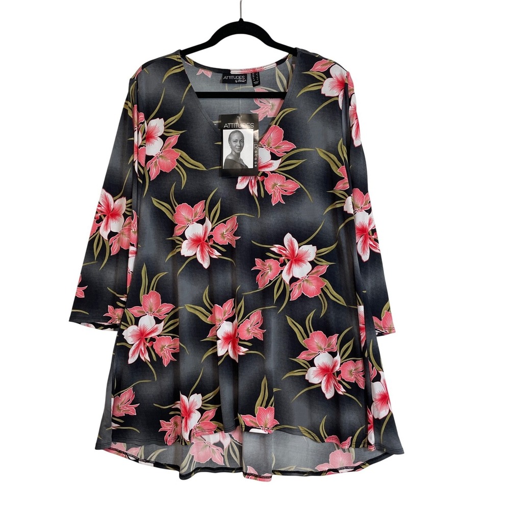 Attitudes by Renée Women Blouse XL V Neck Flora Tunic Top 3/4 Sleeve Lightweight